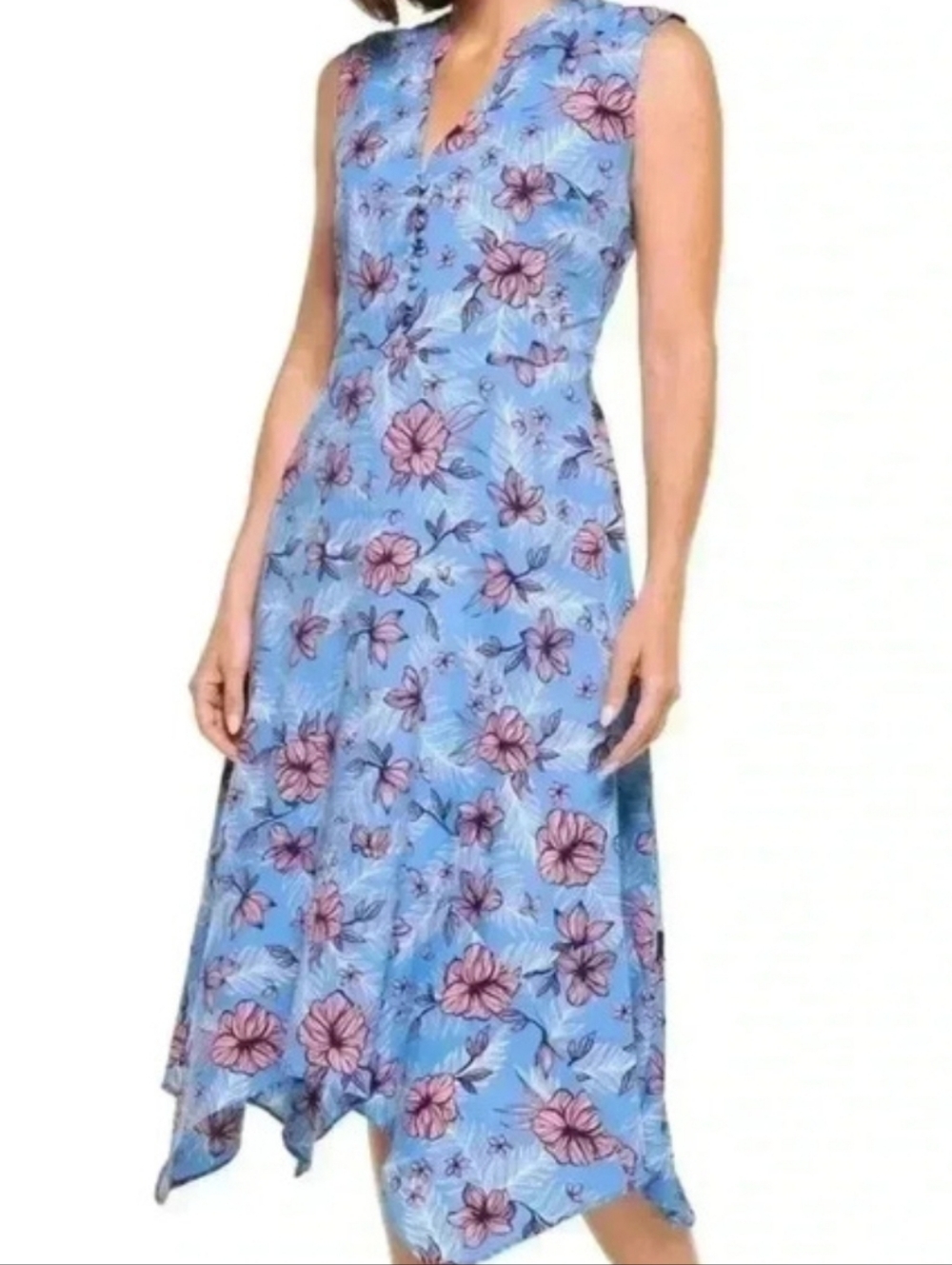 Coolibar Monroe Floral Midi Dress Button Front Blue Pink Hibiscus UPF 50+ L